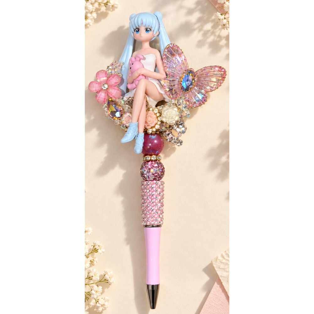 Blue Hair Doll Butterfly Pen, Pink Rhinestone Beaded Pen